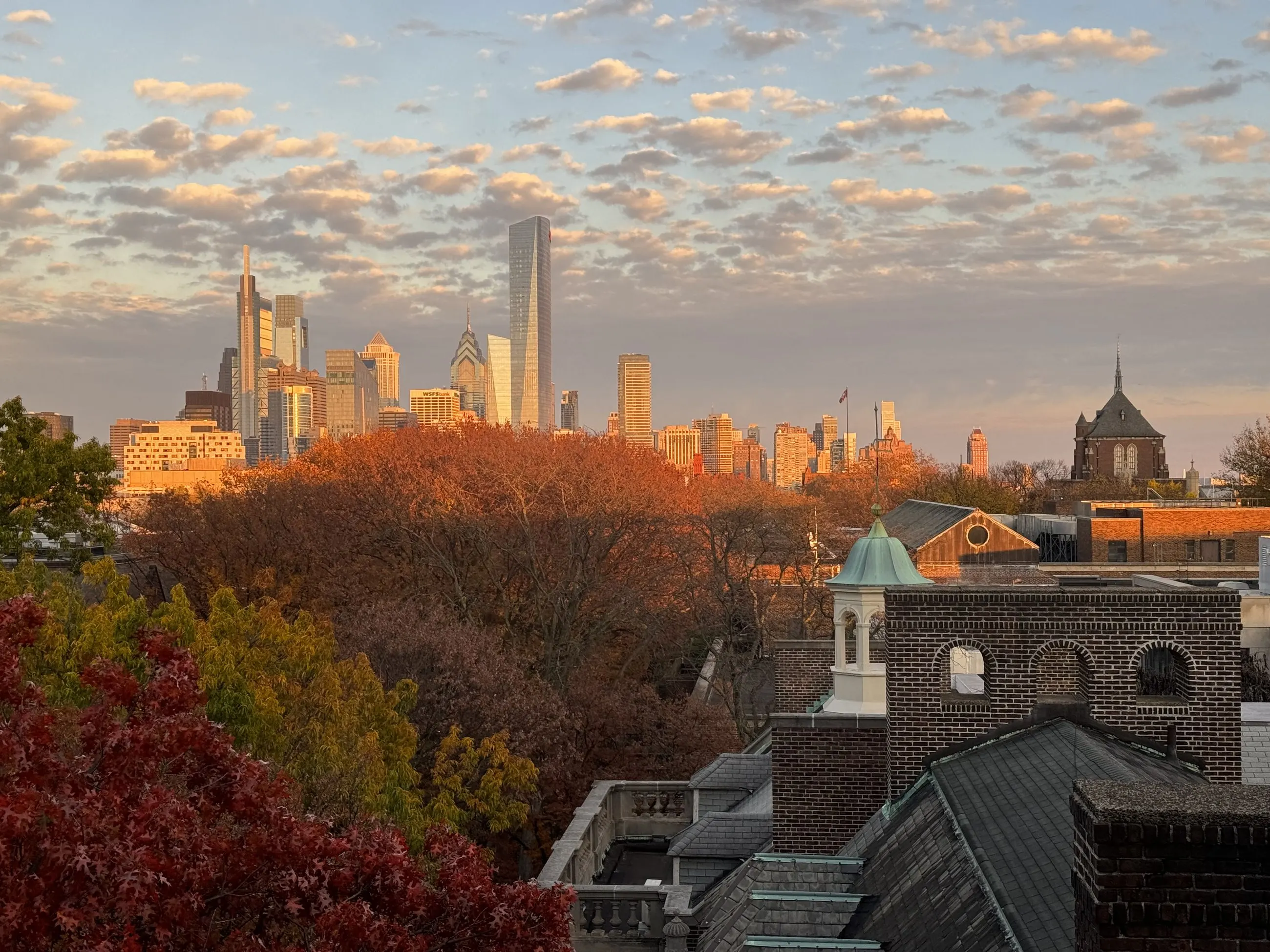 A downtown business district skyline at dusk.